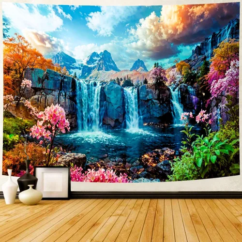 Miniatura 7 de Delur Tapiz de camino del bosque, puesta de sol, selva tropical tropical, árbol natural, tapiz para colgar en la pared, cabecera de paisaje verde