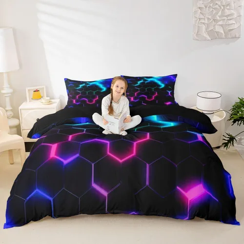 Miniatura 20 de Juego de funda de edredón para niños con diseño de gato lindo, tamaño individual, juego de ropa de cama con hojas de flores, luna, noche y cielo