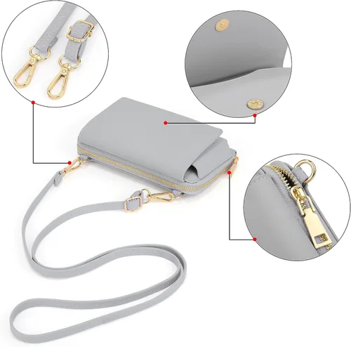 Miniatura 4 de UTO Cartera RFID para mujer, bolso cruzado para teléfono celular para mujer, tarjetero de viaje de moda, cartera de mano con 2 correas, 1266 Gris