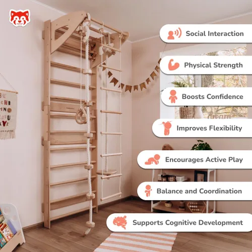 Miniatura 6 de Woodandhearts - Escalera sueca ajustable para juego activo en interiores con escalera de cuerda, anillos de gimnasia, cuerda de columpio y escalada
