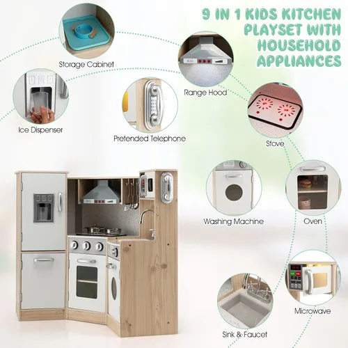 Miniatura 4 de Costzon Juego de cocina para niños, cocina de juego de simulación de madera 9 en 1 con luz y sonido realistas, máquina de hielo, lavadora