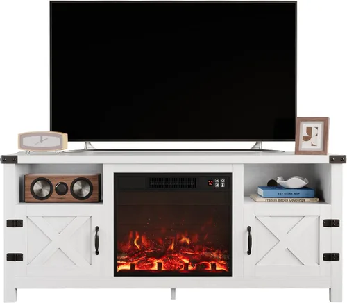 Furmax - Soporte de TV con chimenea para televisor de 65 pulgadas, centro de entretenimiento con gabinetes de almacenamiento y 2 estantes abiertos,
