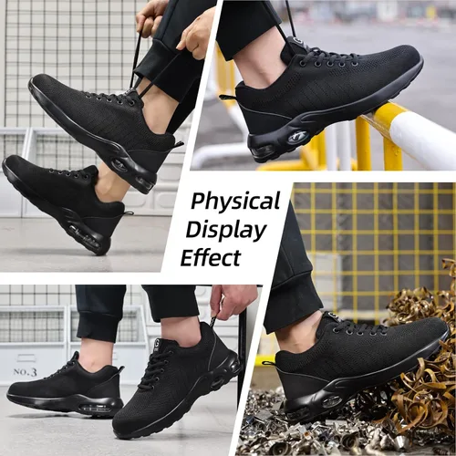 Miniatura 6 de GLANOUDUN Zapatos de punta de acero para hombre, zapatos de trabajo negros, zapatos de seguridad ligeros para hombres, zapatos de seguridad