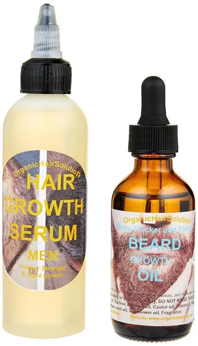 Organic Hair Solution - Juego de suero para el crecimiento del cabello y la barba para hombre: para cabello más fuerte, más grueso y largo, aceite