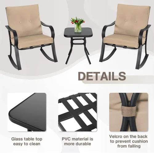 Miniatura 3 de Mecedoras para exteriores de 3 piezas, juego de muebles de bistró para patio, 2 sillas mecedoras de acero negro con cojín y mesa de centro de Marrón