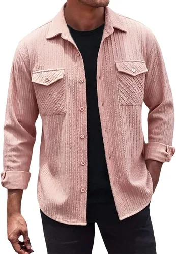 Miniatura 33 de Camisas con botones para hombre, casual, de manga larga, con cuello jacquard, texturizada, ligera, sobrecamisa, sobrecamisa