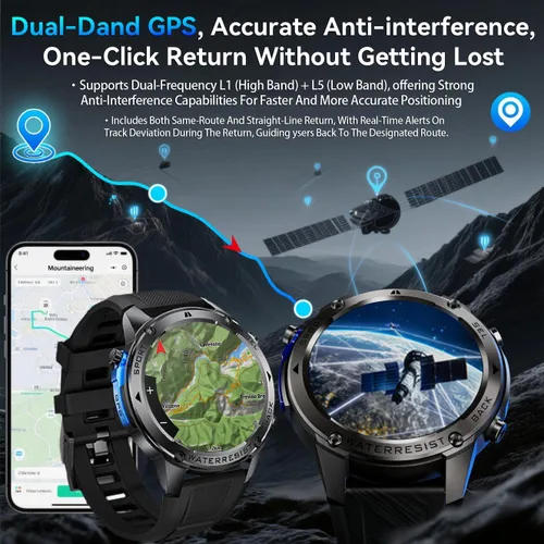 Miniatura 5 de Reloj inteligente con GPS para hombre, reloj inteligente militar resistente, brújula, resistente al agua hasta 164.0 ft, batería grande de 500 mAh