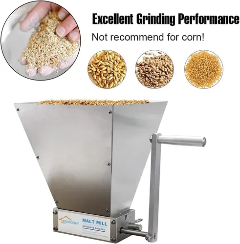 Miniatura 5 de FERRODAY Molino de grano malteado para cebada de malta de grano, Molino de malta trituradora de acero inoxidable de 2 rodillos, Molino de grano
