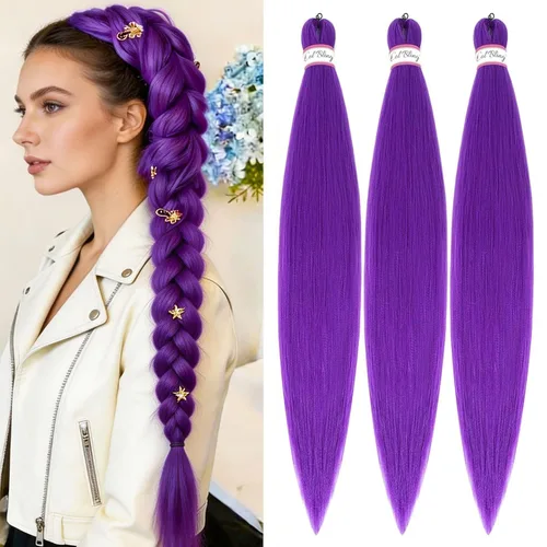 Miniatura 34 de Col bling Cabello trenzado preestirado de 28 pulgadas, 3 paquetes de extensiones de cabello largo para mujer, trenzas de caja, cabello preestirado