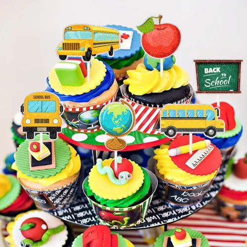 Miniatura 4 de 18 piezas de decoración para cupcakes de regreso a la escuela, autobús escolar, decoraciones para jardín de infantes, regreso a la escuela