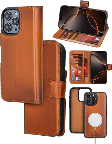 Miniatura 11 de Bayelon Funda tipo cartera para iPhone 15 Pro Max, de cuero de grano completo, cubierta abatible magnética desmontable, tarjetero, funda tipo Marrón