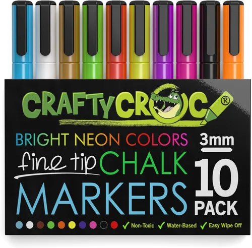 Crafty Croc Marcadores de tiza de punta fina – (punta de 0.118 in, 10 colores neón) – Bolígrafos de tinta de tiza líquida sin polvo borrables, a