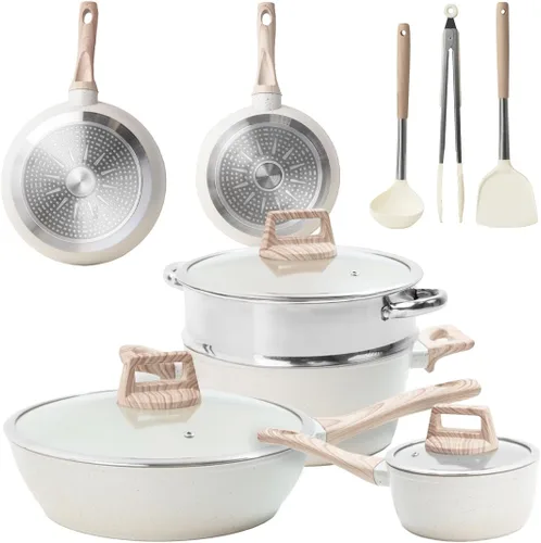 Caldwell - Juego de ollas y sartenes de acero inoxidable de 10 piezas, utensilios de cocina de inducción profesionales con distribución uniforme del