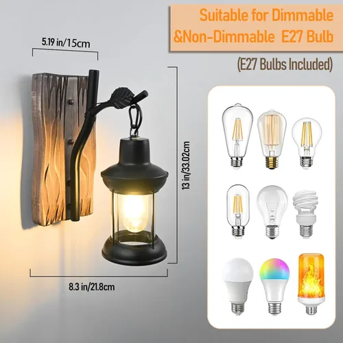 Miniatura 5 de Lámparas de pared rústicas, apliques de pared vintage, juego de 2 lámparas de pared de madera antigua estilo granja con vidrio transparente, Negro-b
