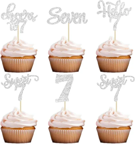 Miniatura 49 de 30 piezas Adornos para pastel de cumpleaños de 6 años, seis brillos, hola 6, púas para cupcakes, felicitaciones a los 6 años, decoraciones