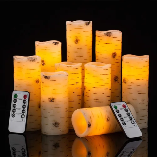 Miniatura 2 de Enpornk Velas LED parpadeantes sin llama con efecto corteza de abedul, juego de 9 pilares de cera real que funcionan con pilas con control remoto