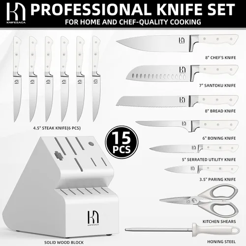 Miniatura 6 de KnifeSaga Juego de Bloque de Cuchillos de Cocina, Juego de Cuchillos Ultra Afilados de 15 Piezas Duraderas, Acero Inoxidable de Alto Carbono Blanco