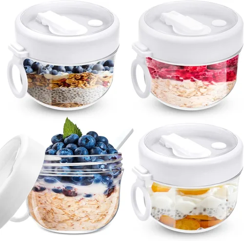 Miniatura 8 de Gerrii 4 recipientes de avena con tapas y cucharas, tarros de avena de plástico de 20 onzas, recipiente hermético de gran capacidad para Cian