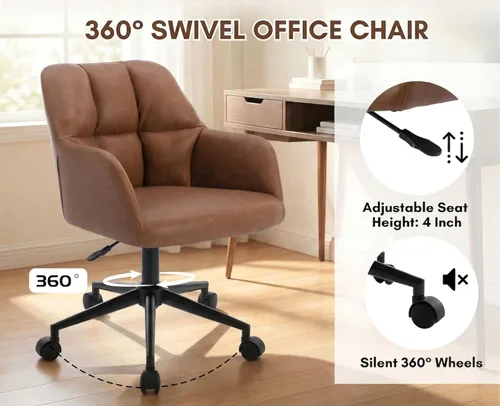 Miniatura 4 de Silla de escritorio de cuero marrón con respaldo medio, apoyabrazos, silla de oficina con soporte ajustable de altura, silla giratoria de 360°