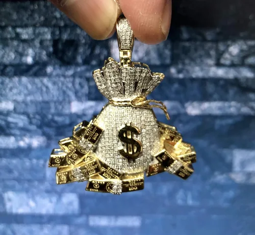 Miniatura 2 de TGDJ Colgante de bolsa de dinero de oro amarillo de 10 quilates, colgante de pilas de 100 dólares para hombres, dije de 1.85 pulgadas, 0.97 quilates