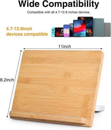 Miniatura 6 de wishacc Soporte de bambú para tablet de escritorio, soporte grande de madera de 11 x 8.2 pulgadas con ángulos ajustables, soporte de madera grueso