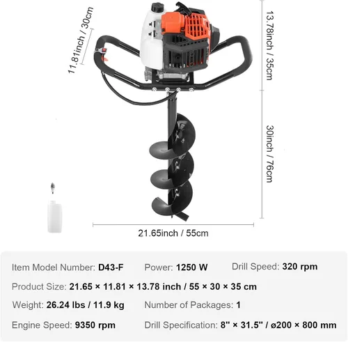 Miniatura 7 de VEVOR Excavadora de Agujeros para Postes, Excavadora de Agujeros para Postes con Barrena de 43cc 1250W, Excavadora de Tierra a Gas con Broca