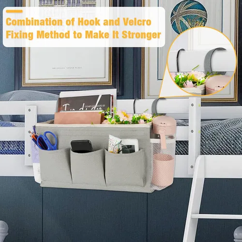Miniatura 2 de Lilithye Organizador de almacenamiento de cabecera con correas fijas y soporte para botella de agua para el hogar, universidad, dormitorio, Gris
