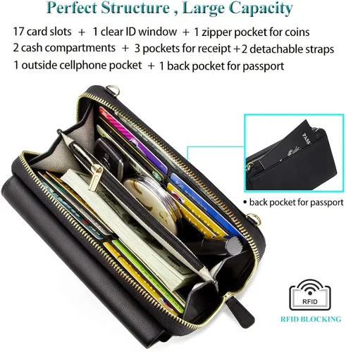 Miniatura 5 de Peacocktion Cartera para mujer con RFID, cartera cruzada de gran capacidad, 2 correas