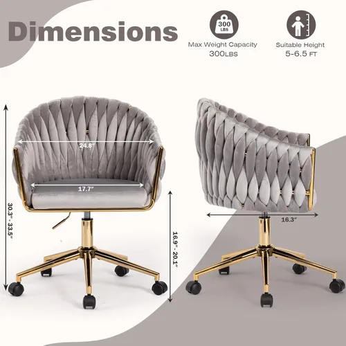 Miniatura 2 de Silla de Oficina de Terciopelo con Respaldo Tejido a Mano, Sillas de Escritorio de Tocador con Ruedas Doradas, Silla de Escritorio Giratoria