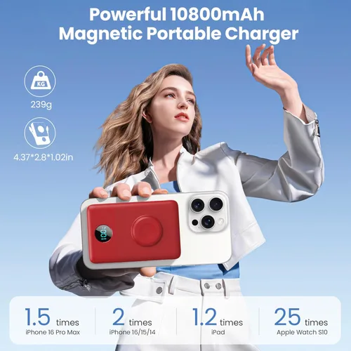Miniatura 2 de Cargador portátil magnético para MagSafe con cable integrado, cargador para iWatch, banco de energía inalámbrico de 10800mAh, artículos esenciales