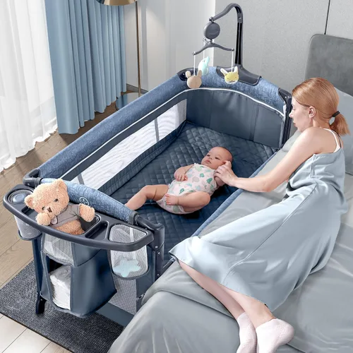 BabyBond Cuna para bebé, cuna de noche, paquete y juego con sábana, cambiador de pañales y móvil de música desde recién nacidos hasta niños