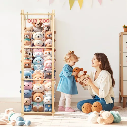 Miniatura 2 de Almacenamiento de Animales de Peluche - Organizador Alto de Juguetes de Madera de Pino Natural con Cuerdas Elásticas y Estante, Casa