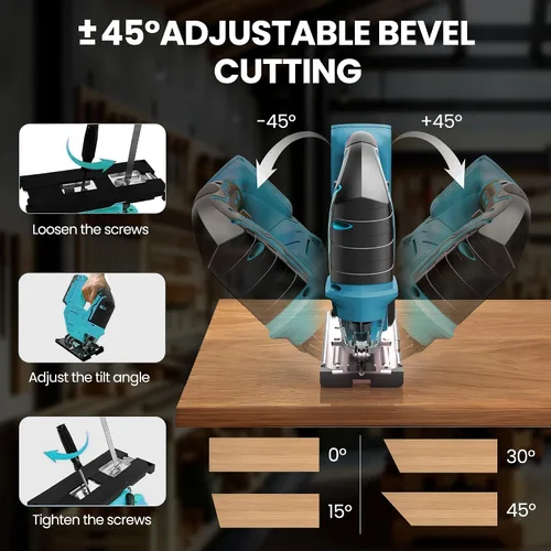 Miniatura 3 de bellaDimora Sierra caladora compatible con batería de 18 V, sierra caladora inalámbrica con luz LED de trabajo incorporada, bisel de 45 grados, 3
