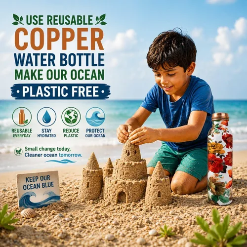 Miniatura 5 de Botella de agua de cobre puro – Hecho a mano – Beneficios para la salud Ayurveda – Grande 34 oz – A prueba de fugas – Fácil de llevar para deportes