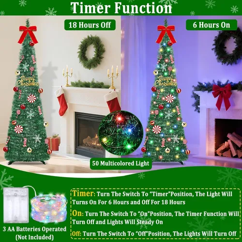 Miniatura 2 de [Temporizador] Árbol de Navidad desplegable de 6 pies, árbol de Navidad plegable verde con 50 luces coloridas, 16 caramelos, 10 bolas, 4 copos