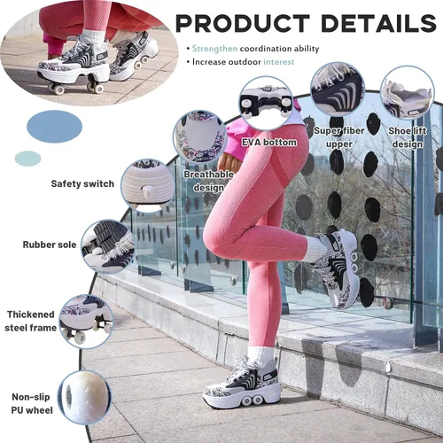 Miniatura 3 de Zapatos de patinaje para mujer, cuatro rondas, zapatos de patines de ruedas para niños que se convierten en patines de ruedas, zapatos ligeros al