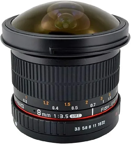 Samyang Lente ojo de pez de 0.315 in f/3.5 HD con capucha extraíble para Nikon F - Vista ultra ancha de 180°, enfoque cercano, vidrio asférico,