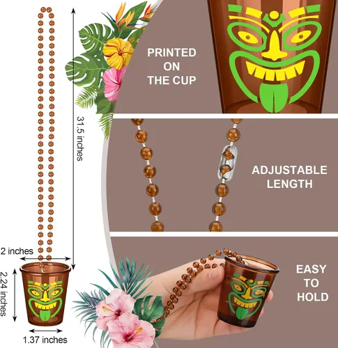 Miniatura 2 de Janmercy 12 vasos de chupito Tiki en collar de cuentas, collares hawaianos de vidrio de plástico marrón divertido Tiki Shot collar tazas para verano