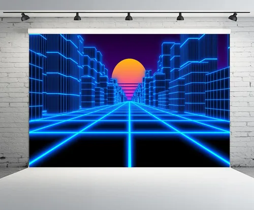 Miniatura 2 de 15x10ft Cyber Landscape Backdrop Blue City Retro Futuristic 80's Neon Cyberpunk Laser Grid Sun Background Comic Game Punk Birthday Wedding Party