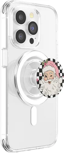 Miniatura 3 de PopSockets MagSafe PopGrip para iPhone con diseño de nieve floral rosa a cuadros de Papá Noel retro de Navidad
