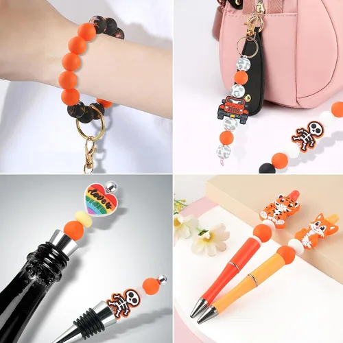 Miniatura 3 de Sunrony 70 cuentas de silicona para hacer collares, cuentas redondas de silicona a granel de 0.591 in para bolígrafos (naranja)