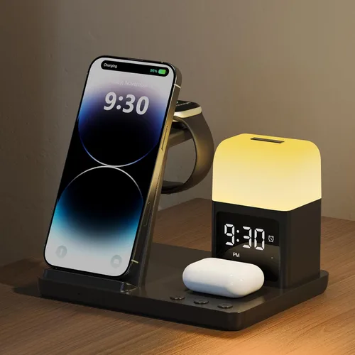 Estación de carga inalámbrica Reloj despertador con 8 luces nocturnas táctiles: soporte de cargador 5 en 1 para dispositivos Apple, base de carga