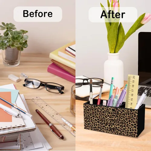 Miniatura 6 de Trendy Retro Leopard Print Pen Pencil Holder for Desk, Funky Cheetah Wooden Box Office Desk Accessories, Leopard Print Pen Holders Organizer for