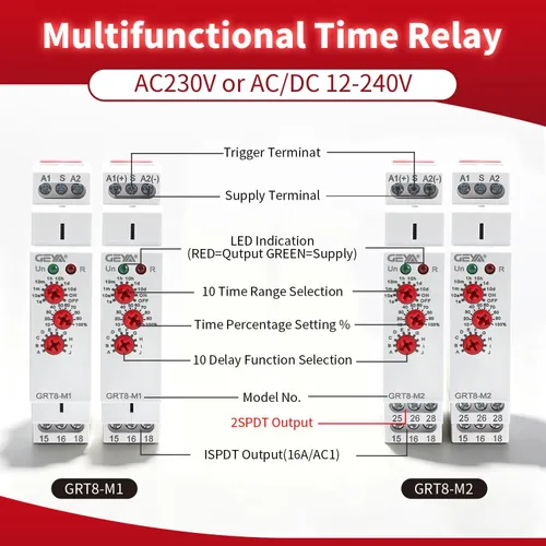 Miniatura 3 de Relé de tiempo multifunción 16A con 10 opciones de función relé AC/DC12V-240V (GRT8-M1, AC/DC12V-240V)