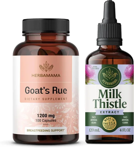 HERBAMAMA Goat's Rue and Milk Thistle Kit – Paquete de 1200 mg de cabra Rue Cápsulas y gotas de desintoxicación de hígado de cardo mariano de 2