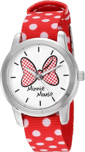Disney Minnie Mouse W002877 - Reloj de aleación plateada para mujer, color rojo reversible con correa de nailon con lunares blancos, color rojo, Rojo