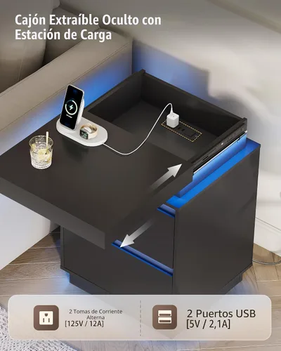 Miniatura 5 de WLIVE Mesita de noche negra con estación de carga y luces LED, mesita de noche con 2 cajones de madera y parte superior deslizante, mesa auxiliar