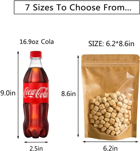 Miniatura 5 de 50 bolsas de papel kraft con ventana frontal transparente, bolsas resellables verticales con cierre de cremallera para almacenamiento de alimentos