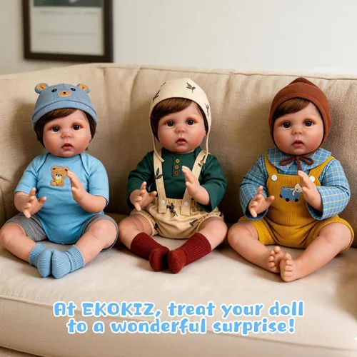Miniatura 9 de EKOKIZ Ropa de muñecas Reborn para niños y niñas de 17 a 22 pulgadas, diseño de oso azul, a la moda, realista, conjunto de accesorios para muñecas
