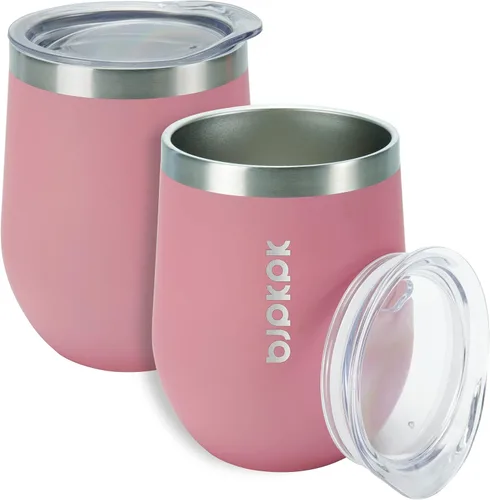 BJPKPK 2 vasos de vino aislados de 12 onzas, tazas de café al vacío de doble pared de 12 onzas con tapa, vasos de vino de acero inoxidable Rosa claro